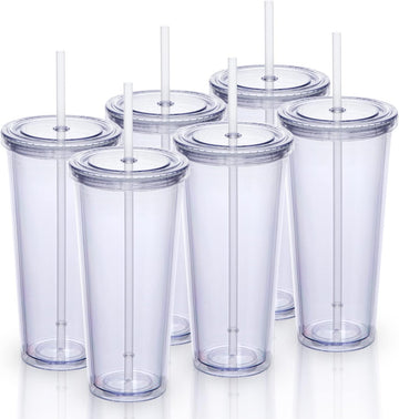 24oz Double Wall Plastic Tumblers with Lids and Straws | Large Classic Travel Tumbler | 6 Pack Set of 6 | Clear