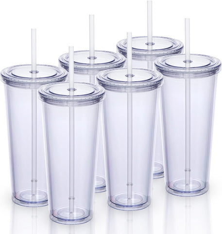 24oz Double Wall Plastic Tumblers with Lids and Straws | Large Classic Travel Tumbler | 6 Pack Set of 6 | Clear