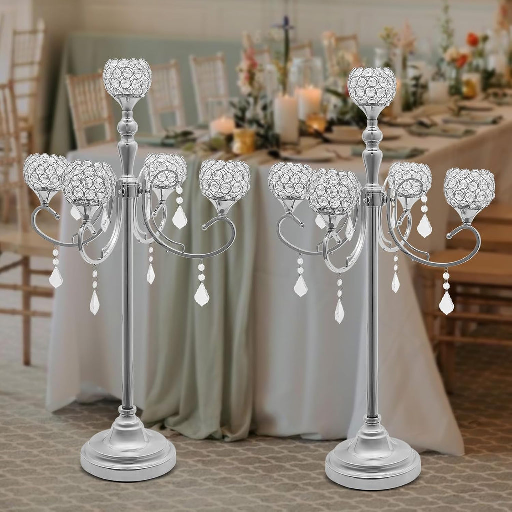 5 Arm Crystal Candelabra Centerpieces, 2 Pack 33.8 Inch Tall Candle Holder, Freestanding Table Candelabra Stand with