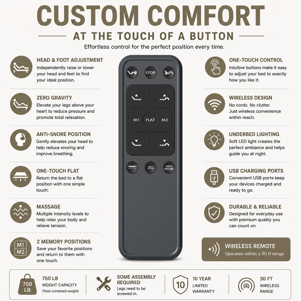 King Adjustable Bed Base - Dual Massage - USB Ports - Zero Gravity - Underbed Light - Wireless Remote - Zero