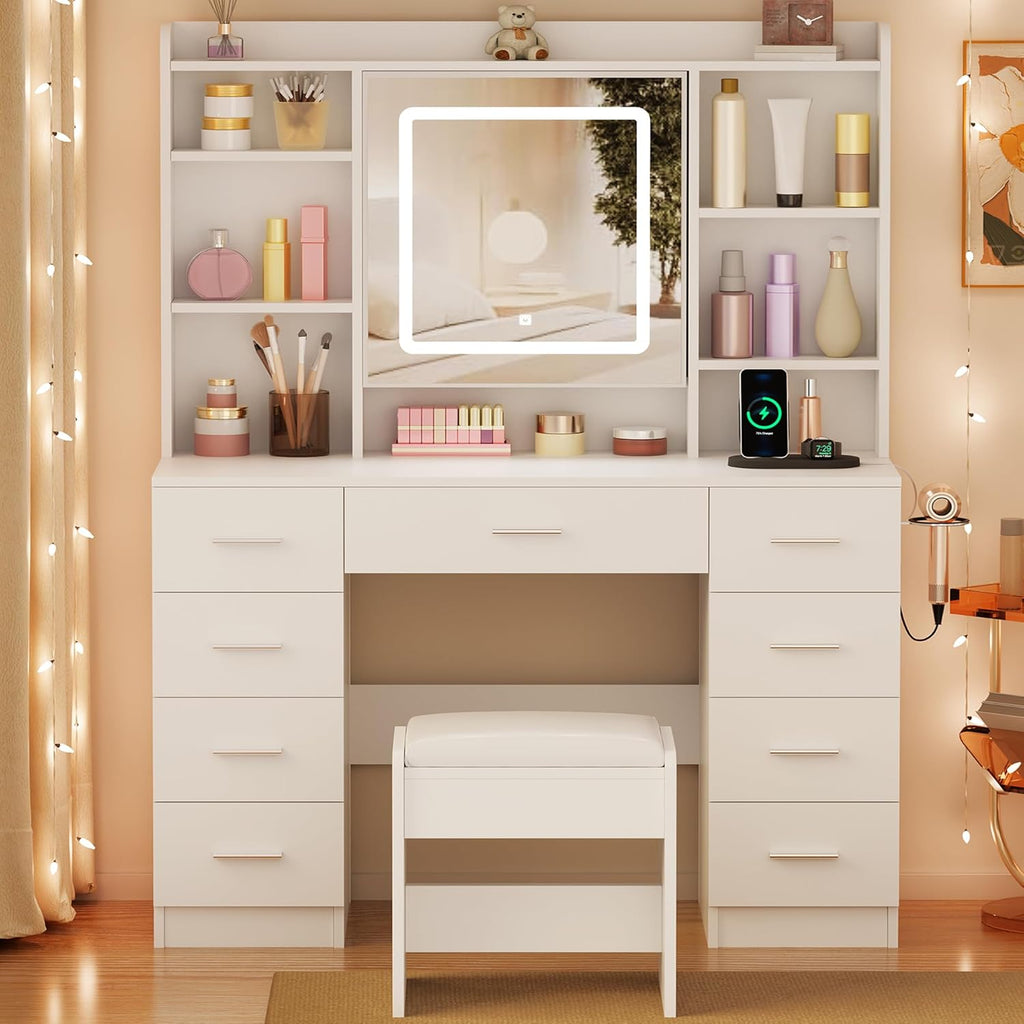 Vanity Desk with Jewelry Storage,Power Outlet and Cushioned Stool | Makeup Vanity Table with Smart LED Mirror,3