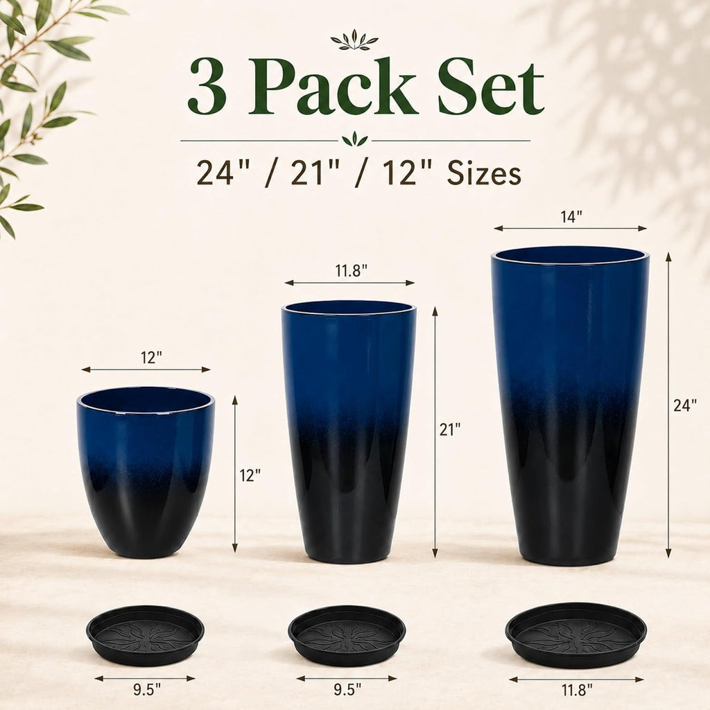 Set of 3 Tall Planter, 24/21/12in Large Planter, Dark Blue | Ceramic-Look, Lightweight, Built-in Drain Hole, Saucers