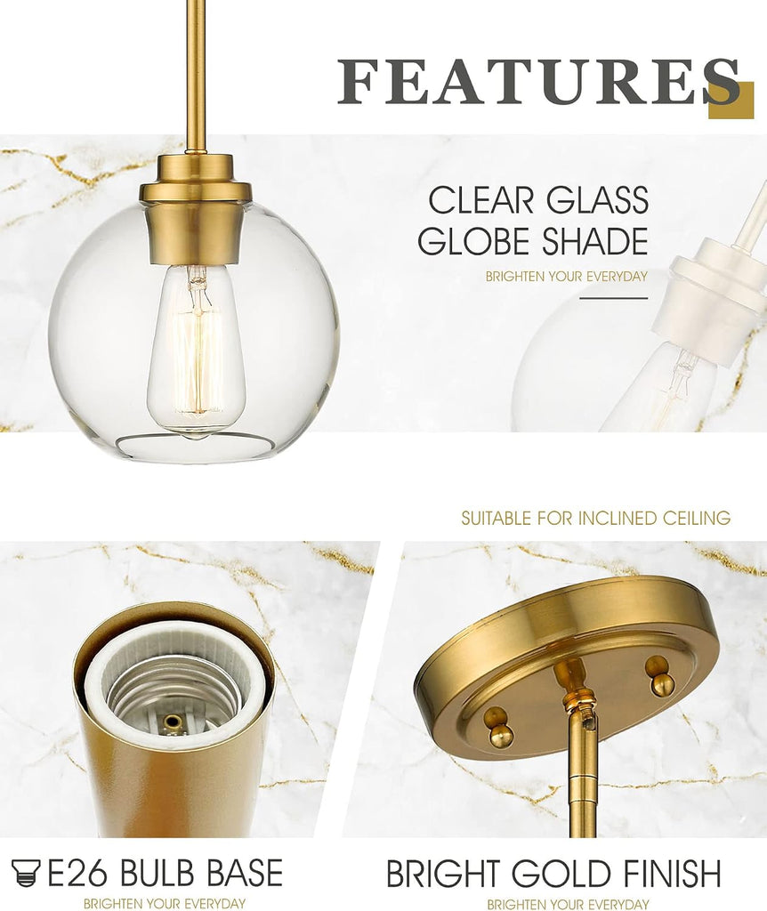 Brass Pendant Lights Kitchen Island 2 Pack, Farmhouse Gold Pendant Light with Clear Glass Globe Shade, Kitchen Island