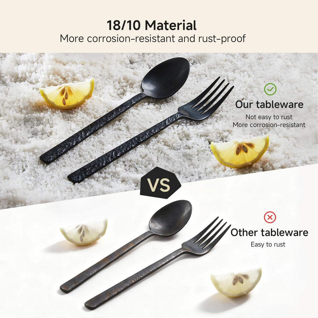 40 Pieces Black Hammered Silverware Set for 8, 18/10 Stainless Steel Heavy Duty Flatware Set