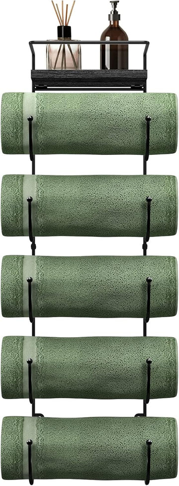 Bathroom Towel Holder - 5 Tier Metal Towel Rack with Wood Shelf for Rolled Bath Towels, Washcloths, Linens, Hand