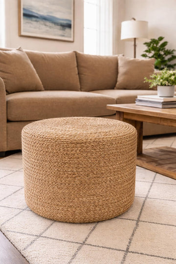 Jute Pouf Ottoman | Footrest Pouf | Hand Braided - Round Boho Pouffe - (20"x20"x10") Natural