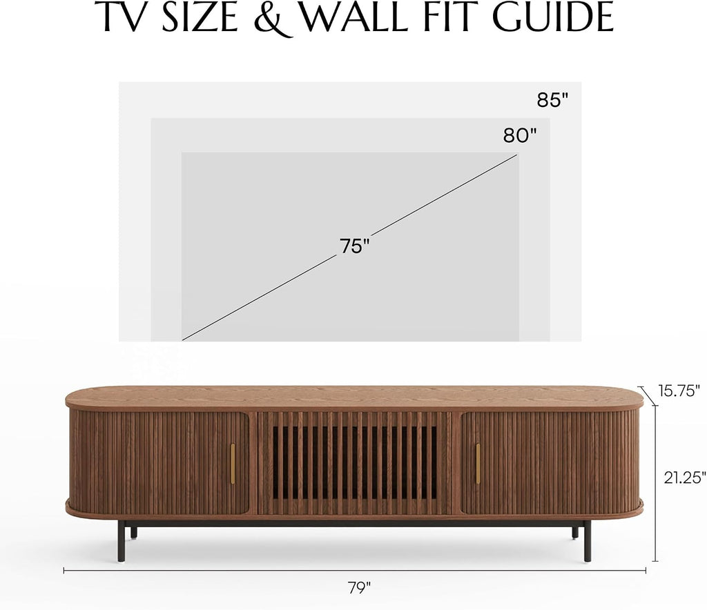Mid Century Modern TV Stand for 75 inch TV, Sliding Door Entertainment Center with Storage, Wood TV