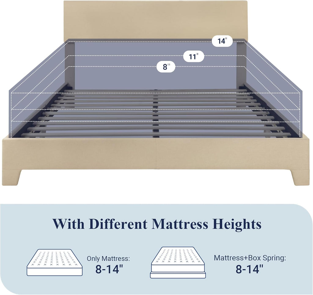 Queen Bed Frame with Adjustable Headboard, Upholstered Platform Bed with Wood Slats, Heavy Duty Mattress Foundation