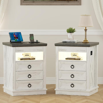 Farmhouse Nightstand with Gun Drawer Set of 2, Human Sensor LED Bedside Table with LED Lights & Charging Station