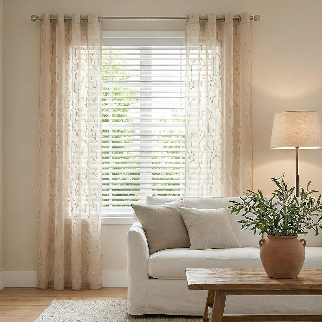 Sheer Curtains for Bedroom Leaf Embroidered Semi Sheers for Living Room Botanical Embroidery Voile
