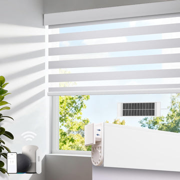 Motorized Zebra Blinds with Remote, No Drill Cordless Roller Shades, Equipped with Solar Panels, 50%-75% Blackout