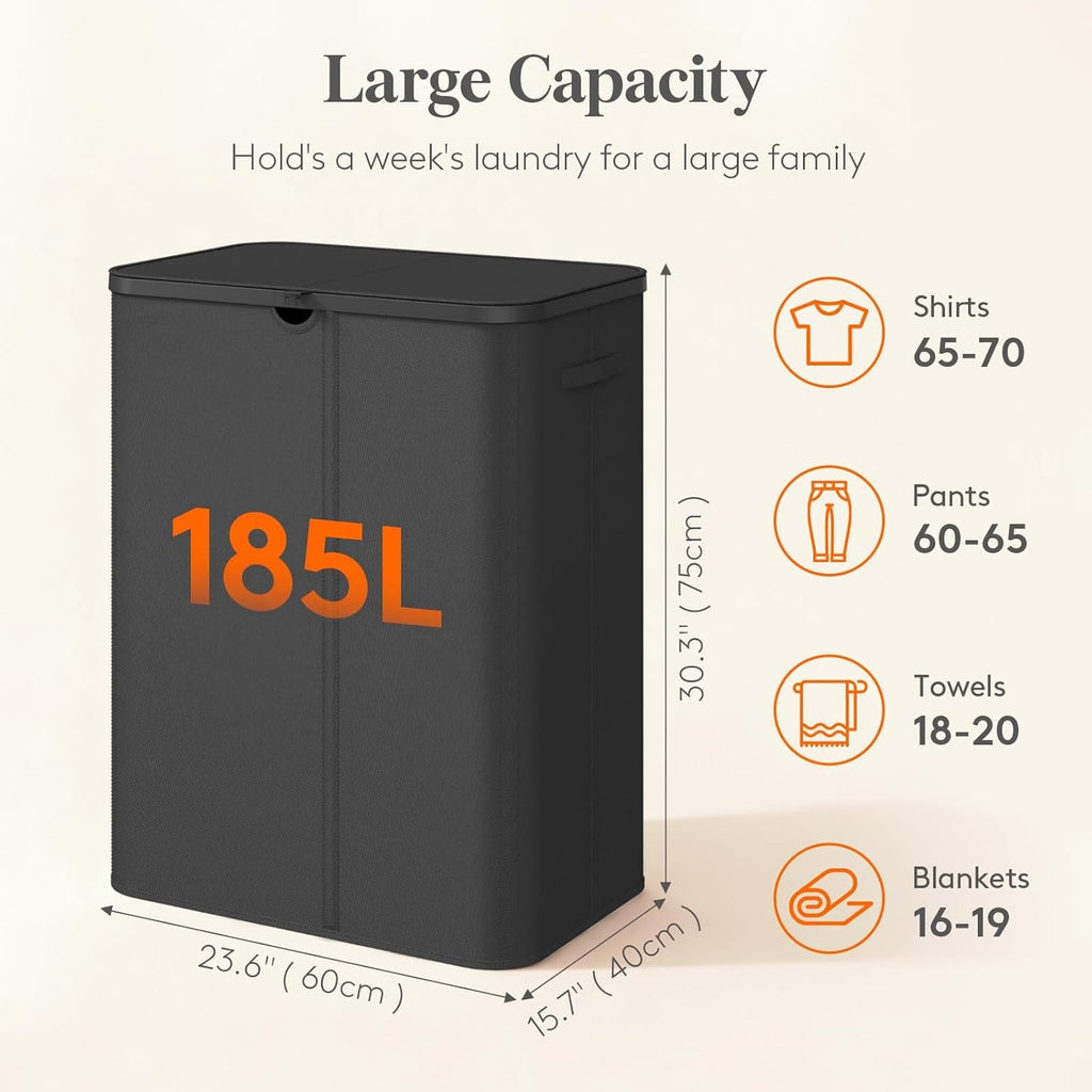 185L 3 Section Laundry Hamper with Lid, Large Laundry Basket with Handles and Removable Bags, Tall Clothes Hamper