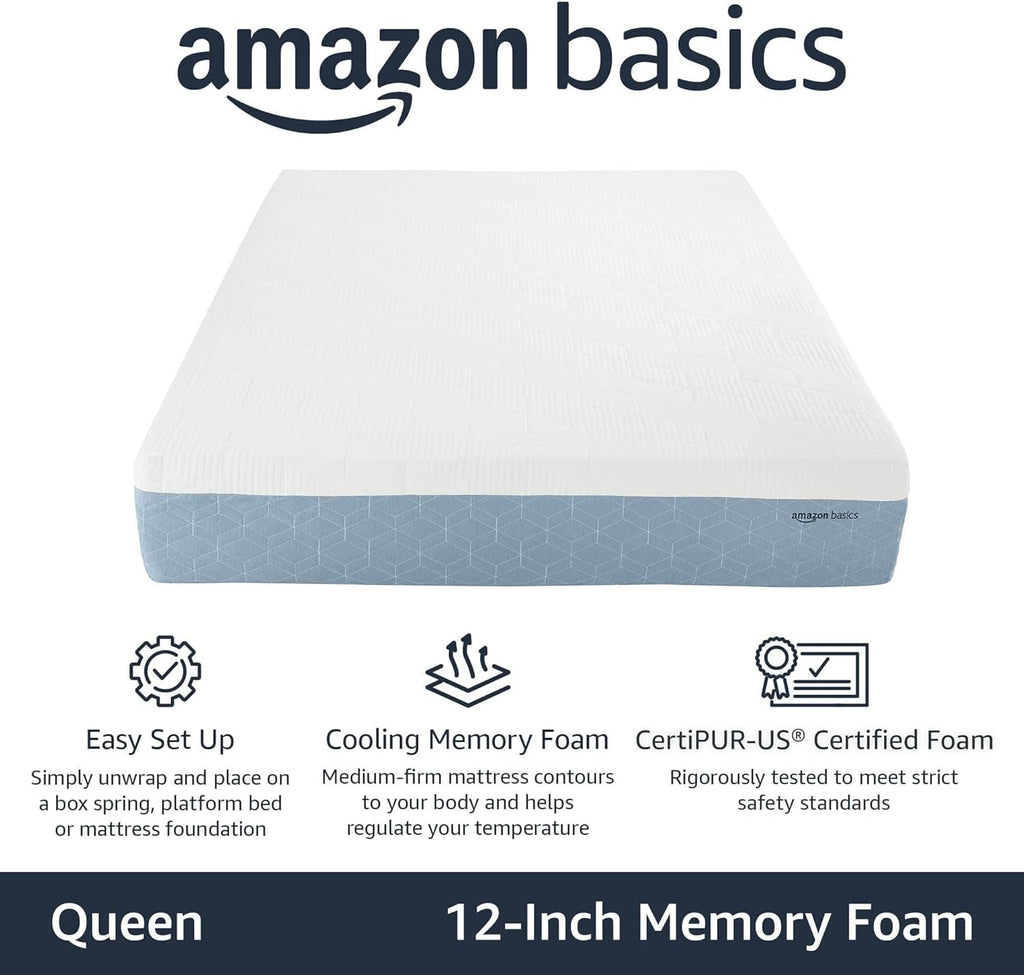 Medium-Firm Memory Foam Mattress, Cooling Gel, Breathable, CertiPUR-US Certified Foam, Queen, 80 x 60 x 12 inches