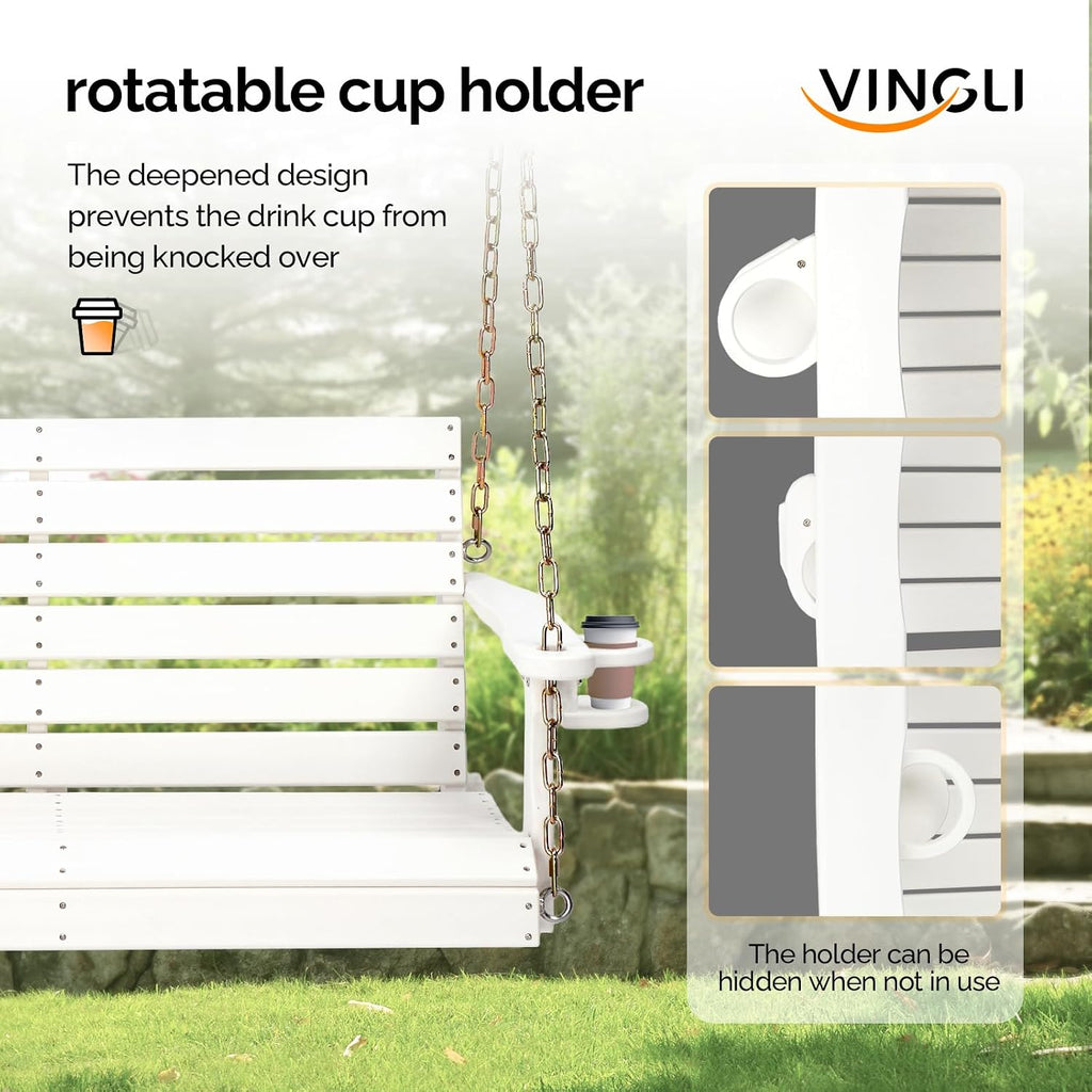 4FT HDPE Porch Swing Outdoor with Rotatable Cup Holder, White | 1600 LBS Heavy Duty Recycled Plastic Porch Swing with