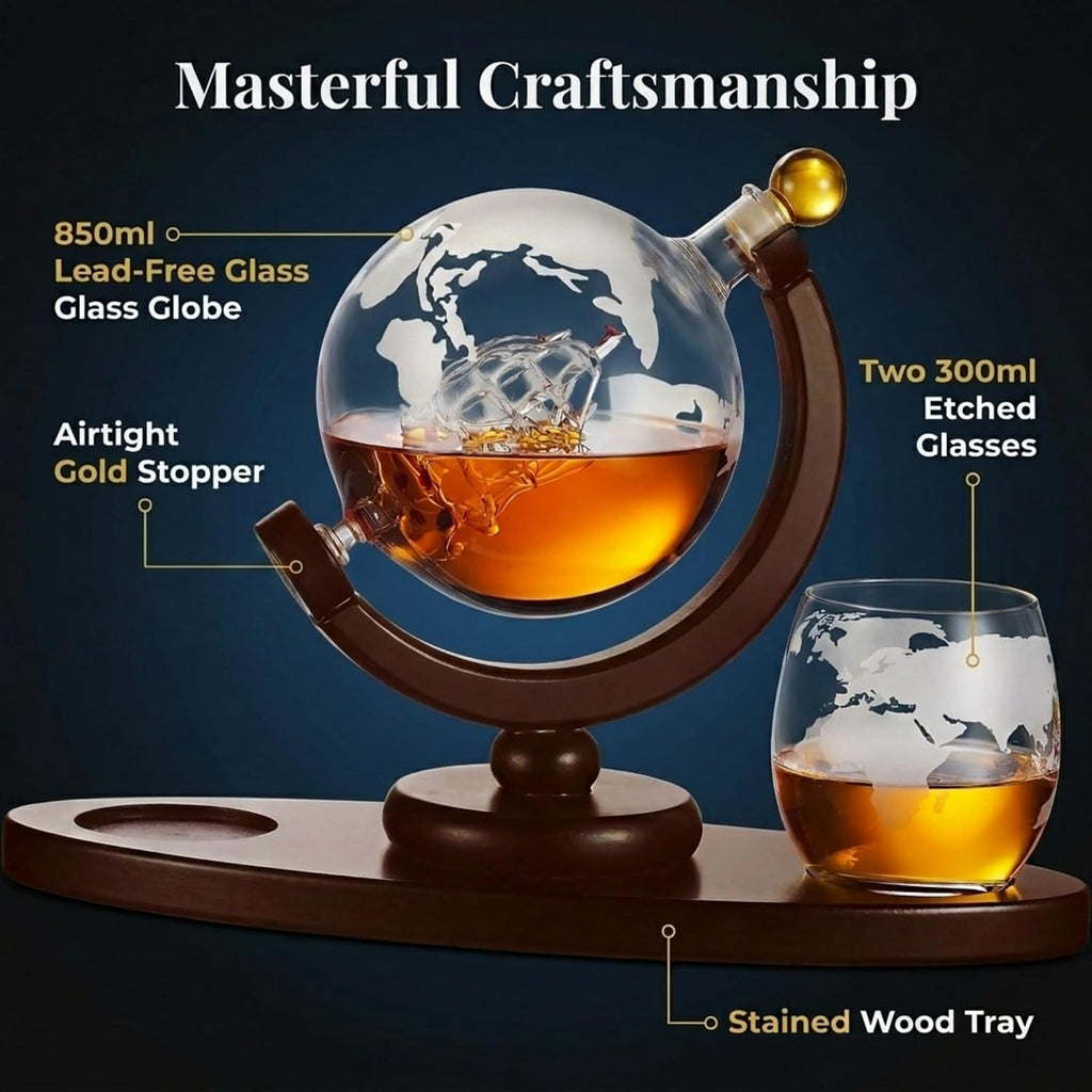 Gifts for Men, Whiskey Decanter Globe Set with 2 Etched Whiskey Glasses - for Liquor Scotch Bourbon Vodka, Gifts For