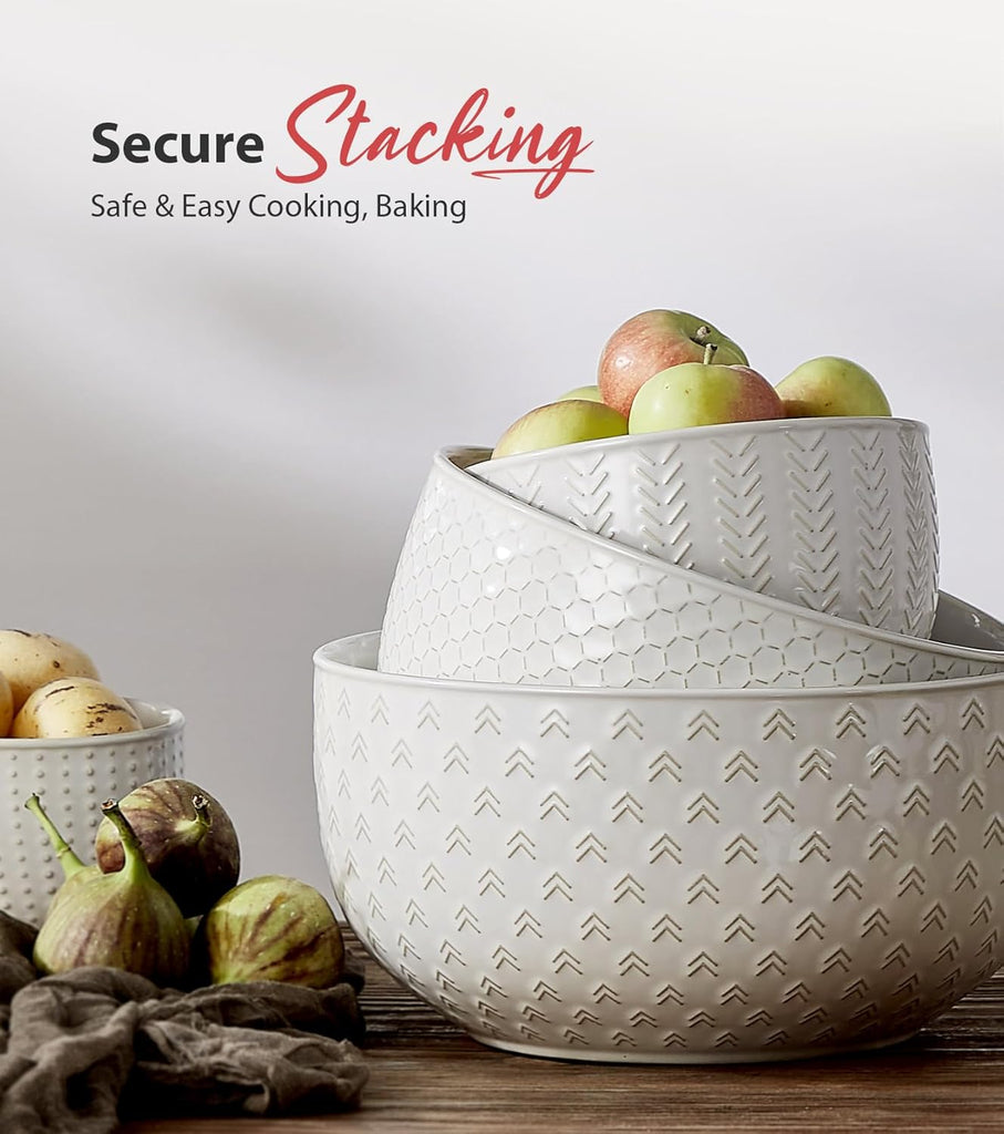 Ceramic Large Mixing Bowls Set of 4, 20/44/98/145 OZ, Ivory White | Nesting Bowls for Cooking, Baking, Salad Etc