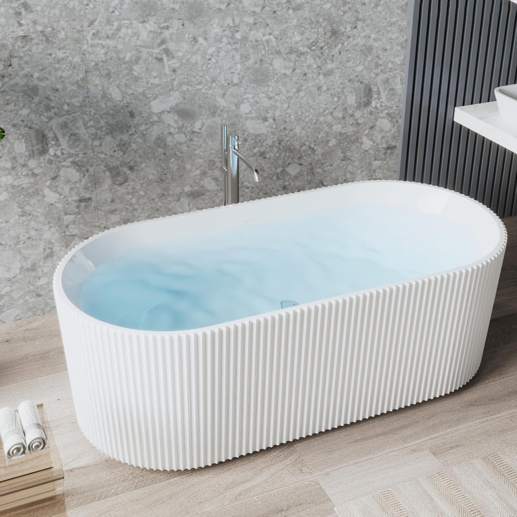 59" Acrylic Freestanding Bathtub, White Soaking Tub with Non-Slip Base, cUPC Certified Free Standing Tub, Chrome