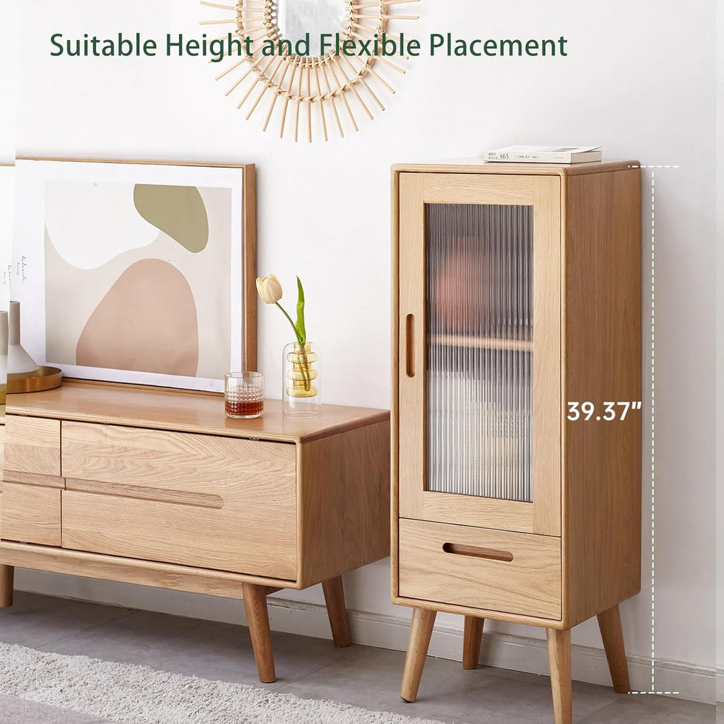 100% Solid Wood Small Storage Cabinet, Pantry Cabinets Storage with Shelves and Drawer, Accent Cabinet with Glass