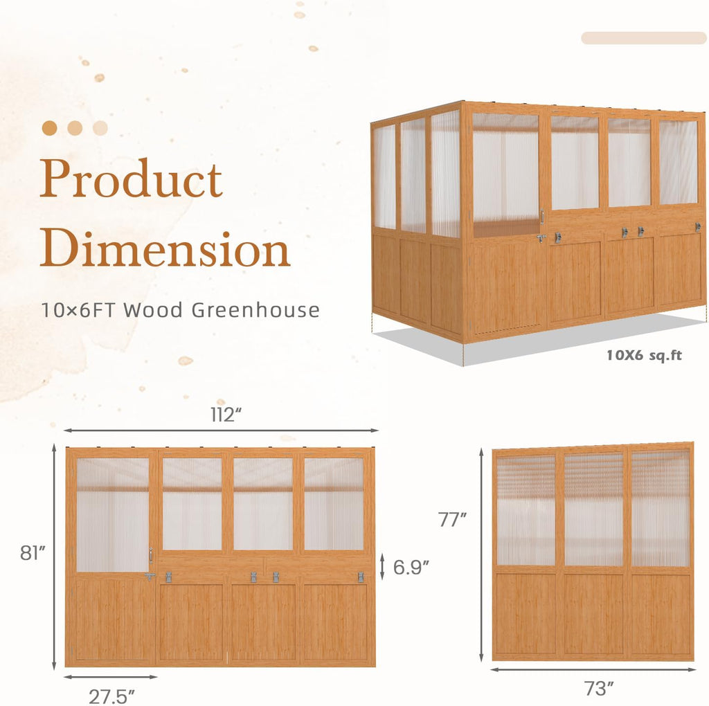 6x10 Ft Wood Greenhouse for Outdoors | Walk-in Lean to GreenHouse, Openable Window & Lockable Door, Reinforced Frame
