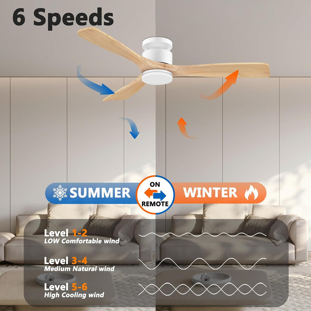 52 Inch Smart Flush Mount Ceiling Fans with Lights Remote, Wood Outdoor Indoor Ceiling Fan, WIFI Alexa App Control