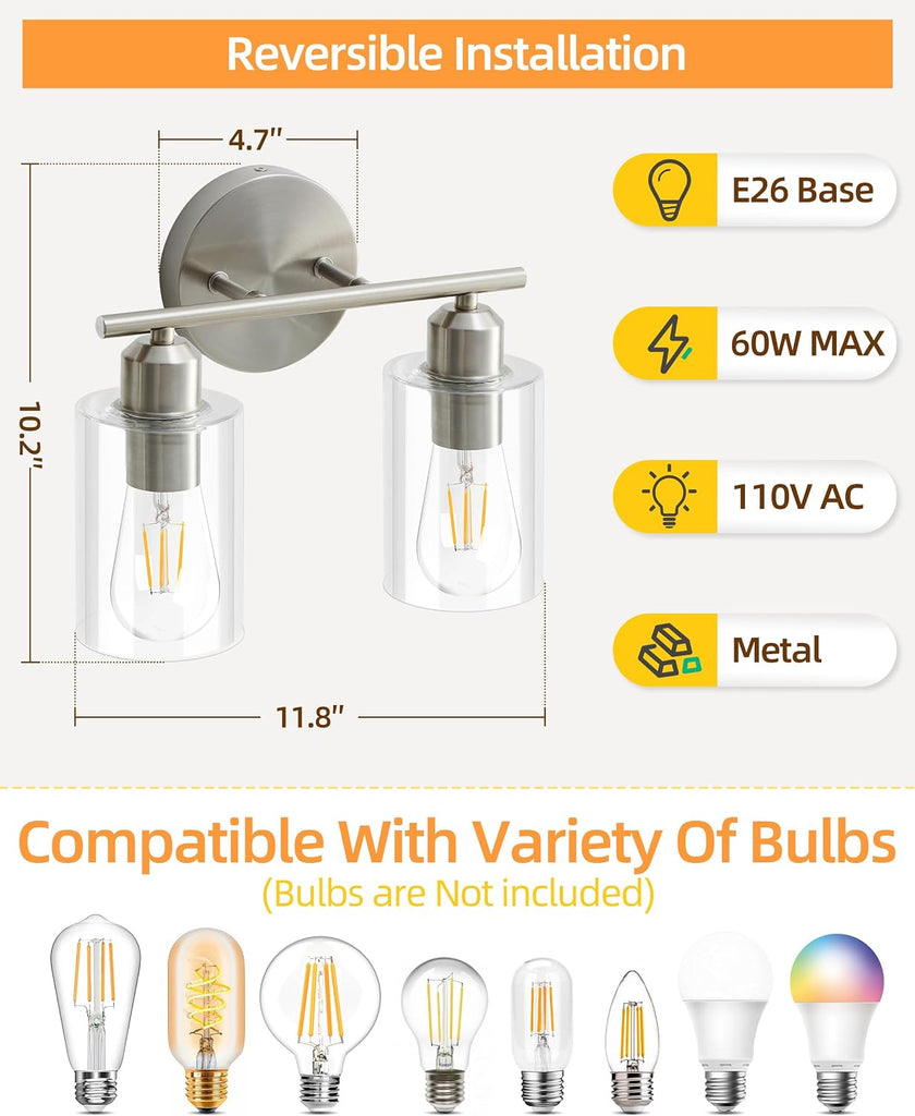 Bathroom Light Fixtures, 2-Light Brushed Nickel Vanity Lights, Modern Bathroom Lighting Fixtures Over Mirror with