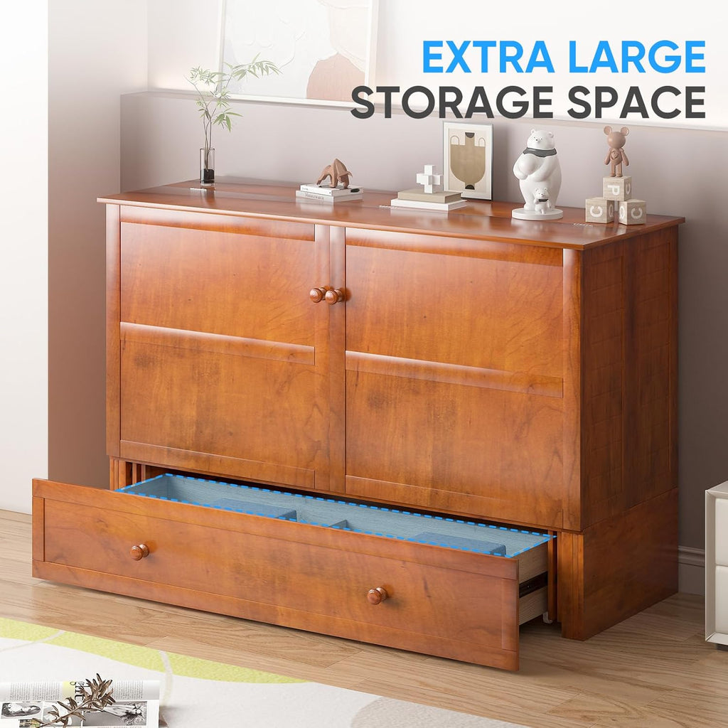 Murphy Bed with Mattress Included, Queen Murphy Bed Cabinet with Storage Drawer and Bedside Panel, Built-in Charging