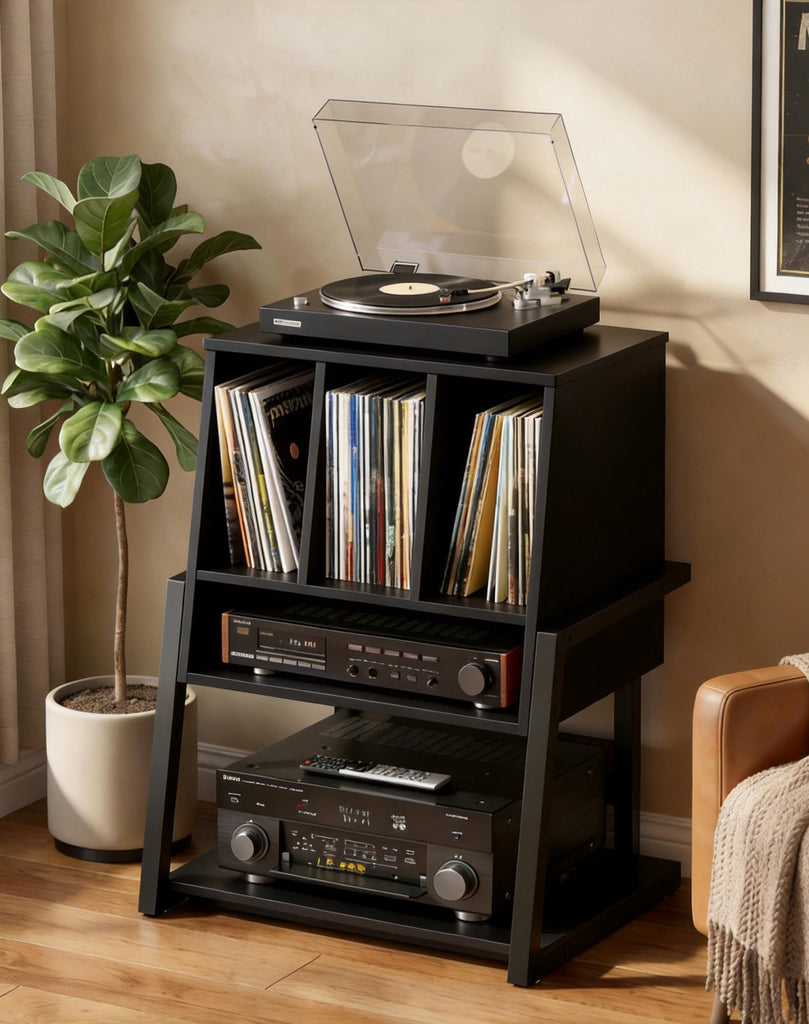 Record Player Stand with Power Outlet, Black