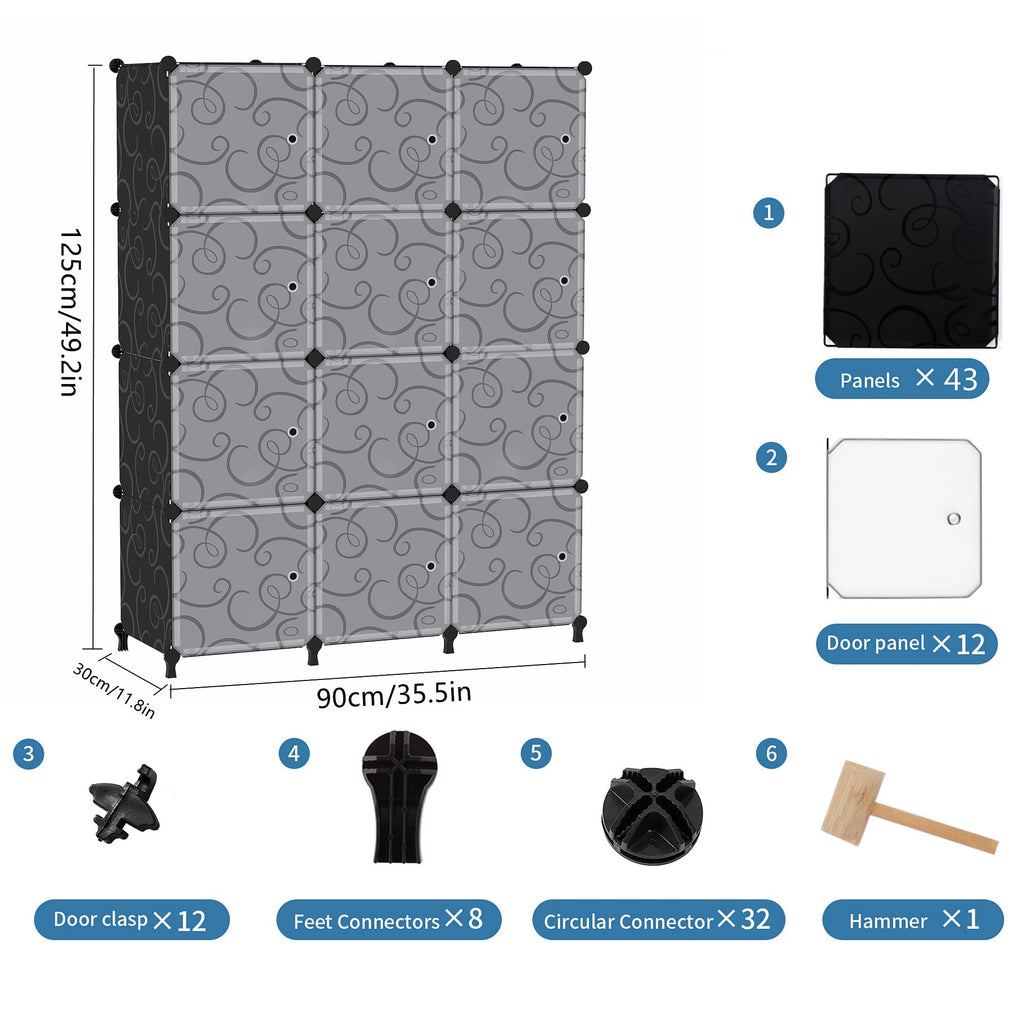12 Cube Storage Organizer, Closet Storage Shelves with Doors, Black