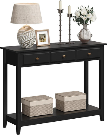 Console Table with 3 Drawers, Wood Entryway Table with Storage Shelf, Sofa Tables Narrow Long , Foyer, Black