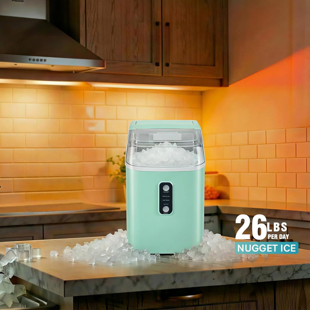 Nugget Ice Maker Countertop, Portable Ice Makers Machine with Removable Basket and Scoop, Self-Cleaning, Quiet, 6-Min