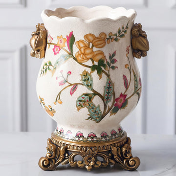 8.3" Ceramic Vintage Flower Vase with Gold Pedestal, Rustic Chinoiserie Floral Fruits Porcelain Urn Decor, Antique
