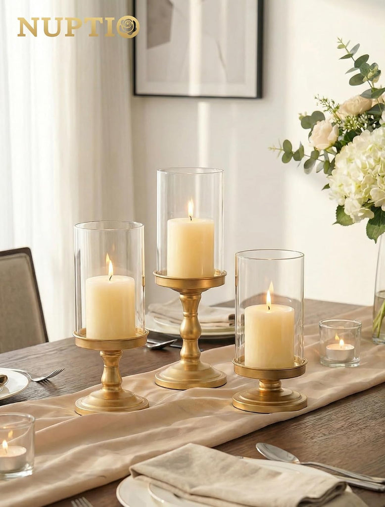 Hurricane Glass Candle Holders: Gold Pillar Candle Stand with Open Ended Chimney - Set of 3 Metal Candleholder for