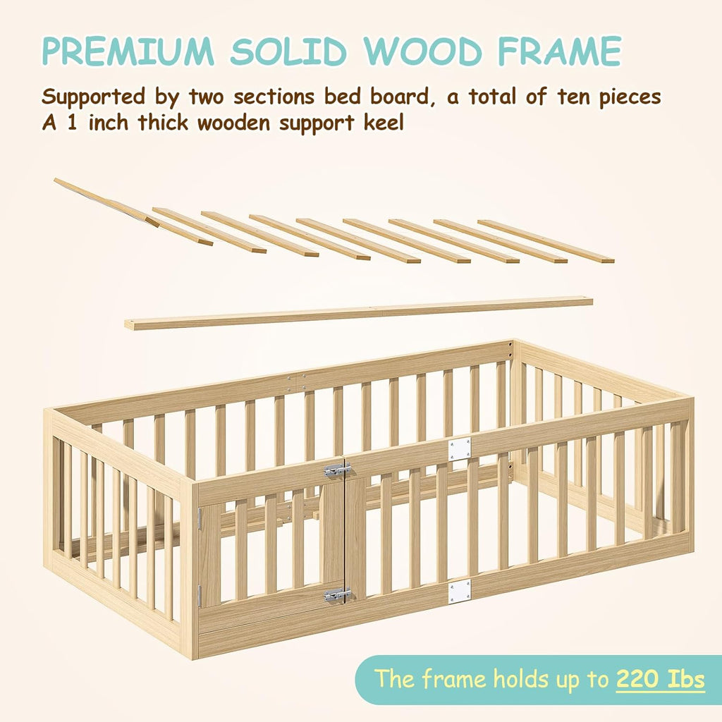 Twin Montessori Floor Bed with High Guardrails and 2 Door Latch, Solid Wood Toddler Bed Frame with 10 Slats and
