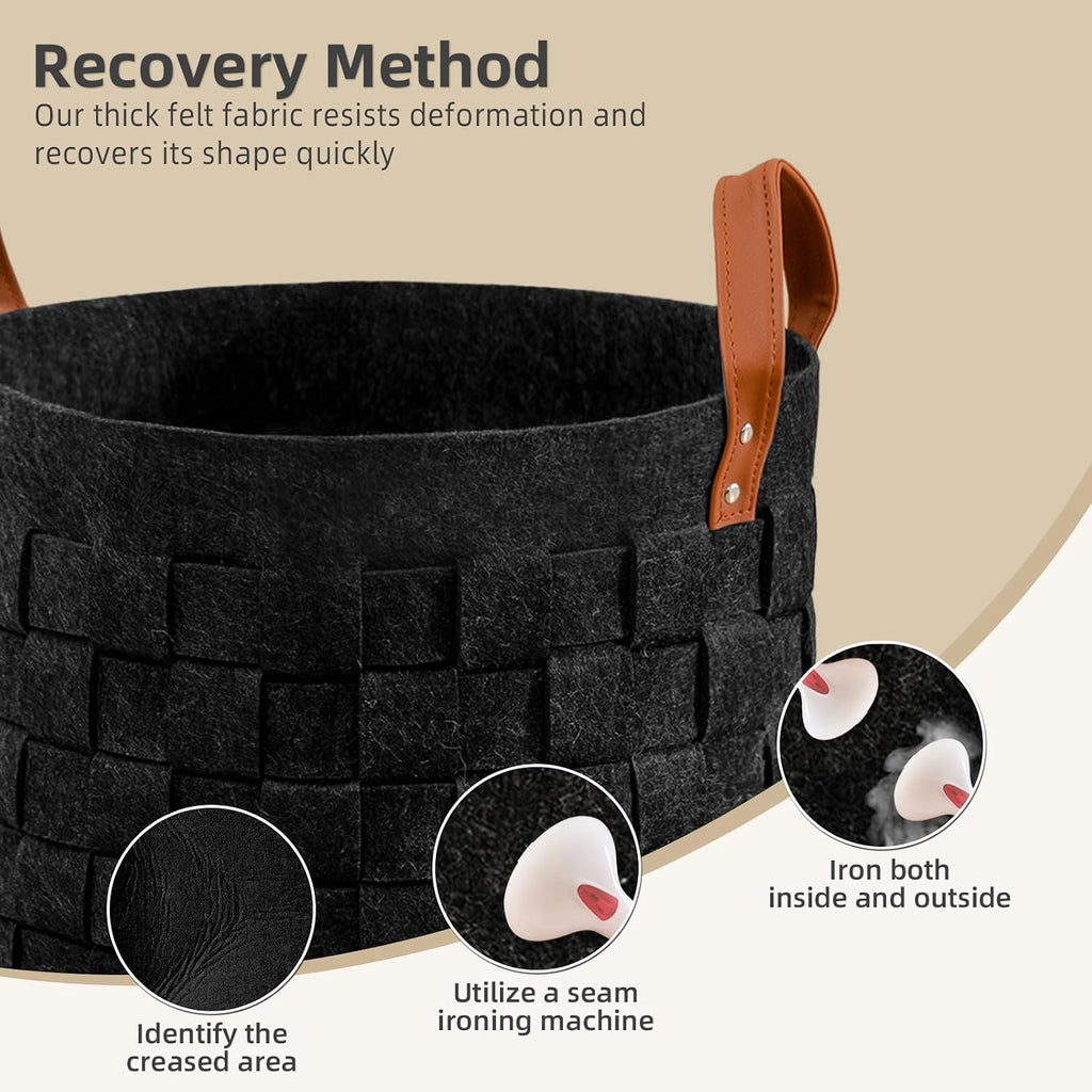 Laundry Basket 20 " x20 x11.8 , Large Round Blanket Basket with Leather Handle, Felt Storage Basket , Dog Toys-Dark