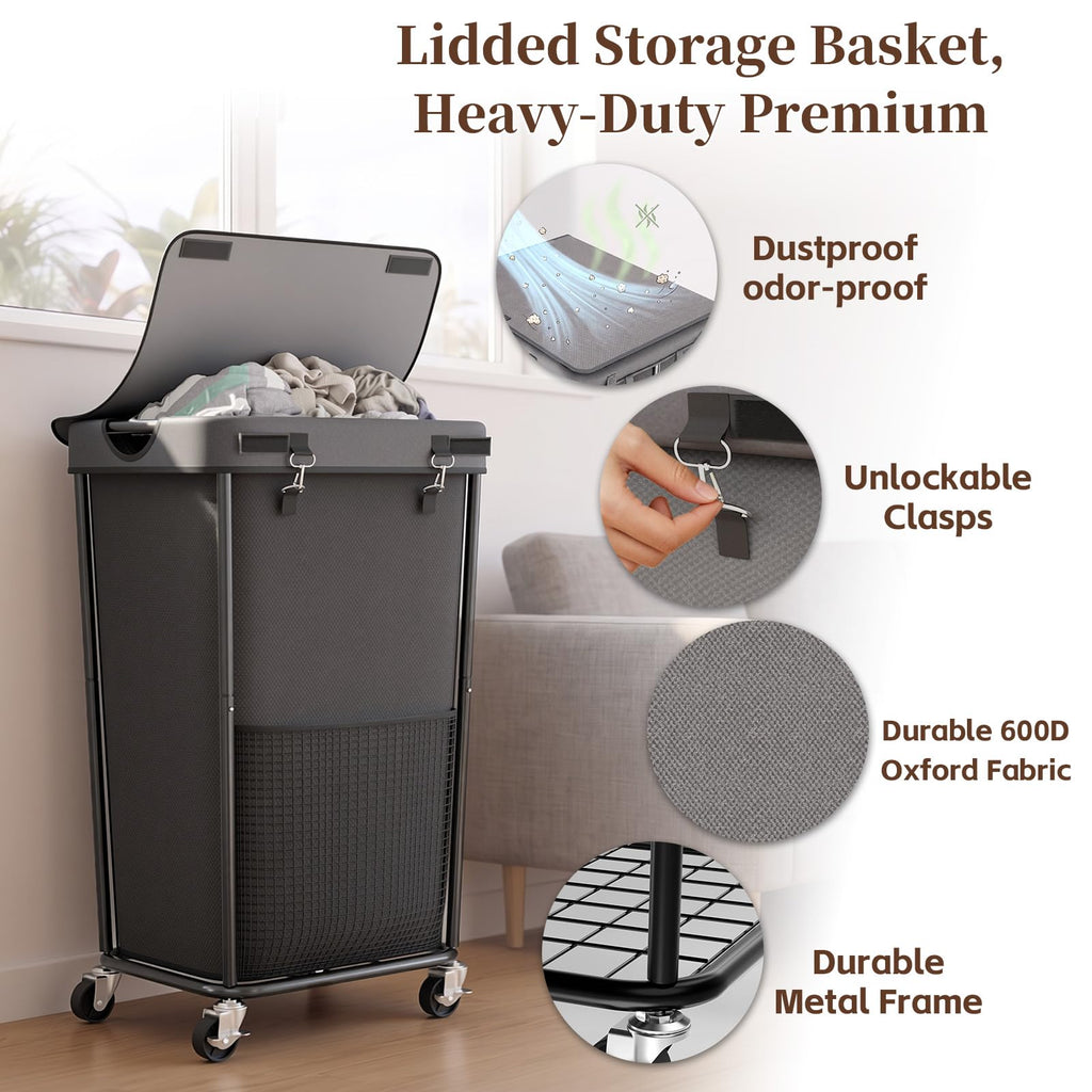 Hamper with Wheels and Lid, 110L Large Rolling Laundry Basket Gray