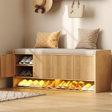 47.2" Fluted Shoe Storage Bench, Entryway Bench with Linen Seat Cushion, Shoe Cabinet Bench with Adjustable Shelf and