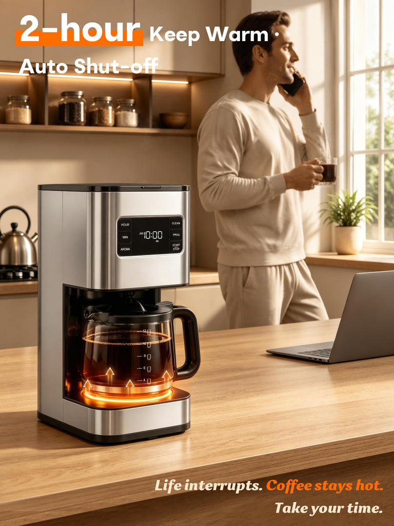 12 Cup Drip Coffee Maker Programmable, Regular & Strong, LED Display
