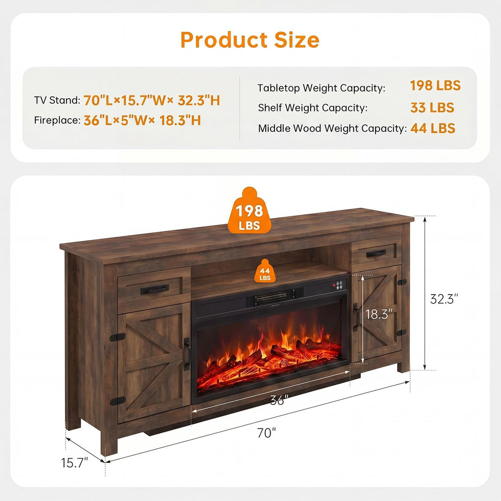 Fireplace TV Stand, 70" Farmhouse TV Stand with Barn Door for 80" TVs, Entertainment Center with Black Fireplace & Storage, Brown
