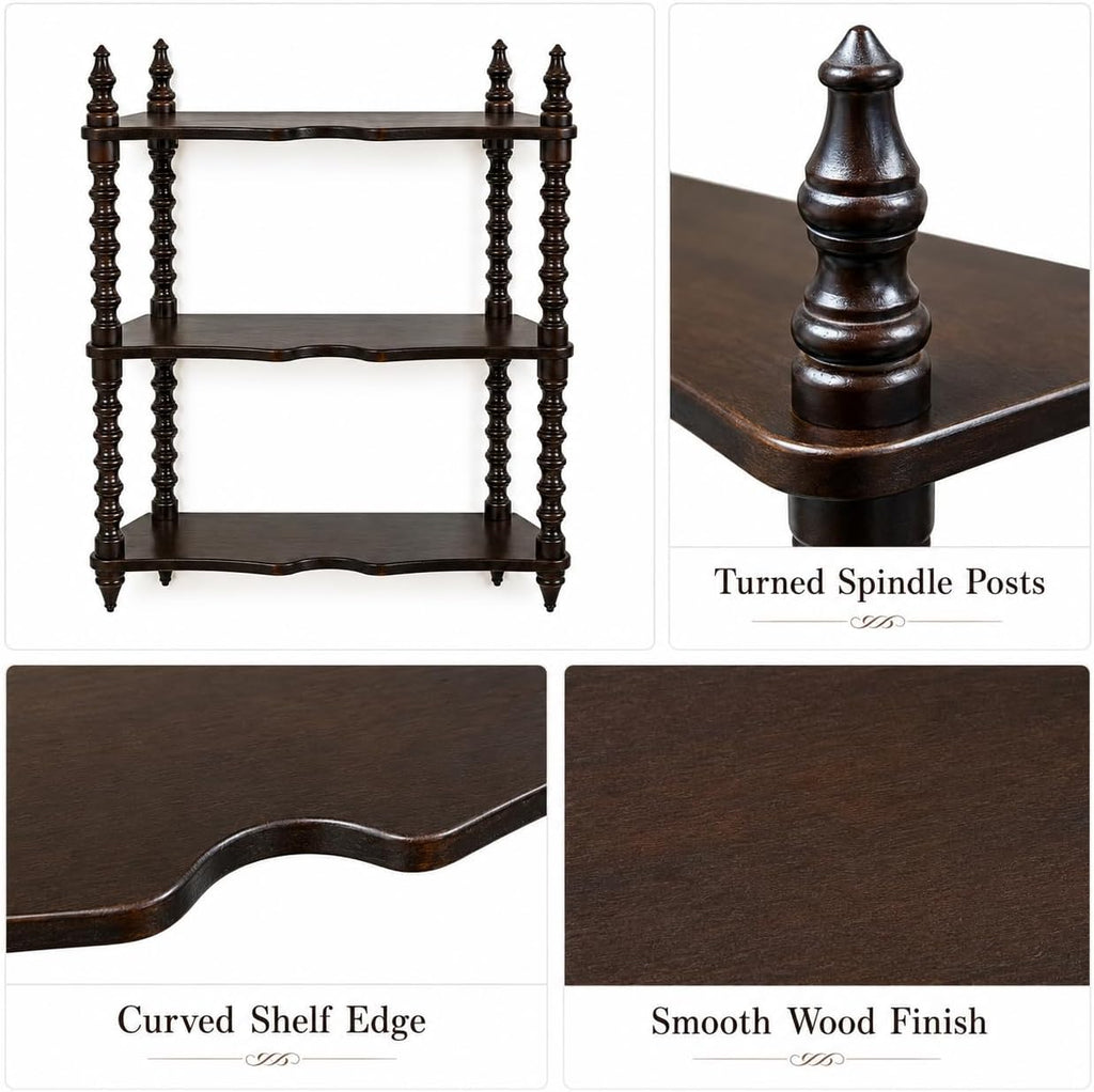 Solid Wood Wall Mounted Shelf, Vintage 3-Tier Carved Wooden Display Rack, Rustic Decorative Storage Shelf with Turned