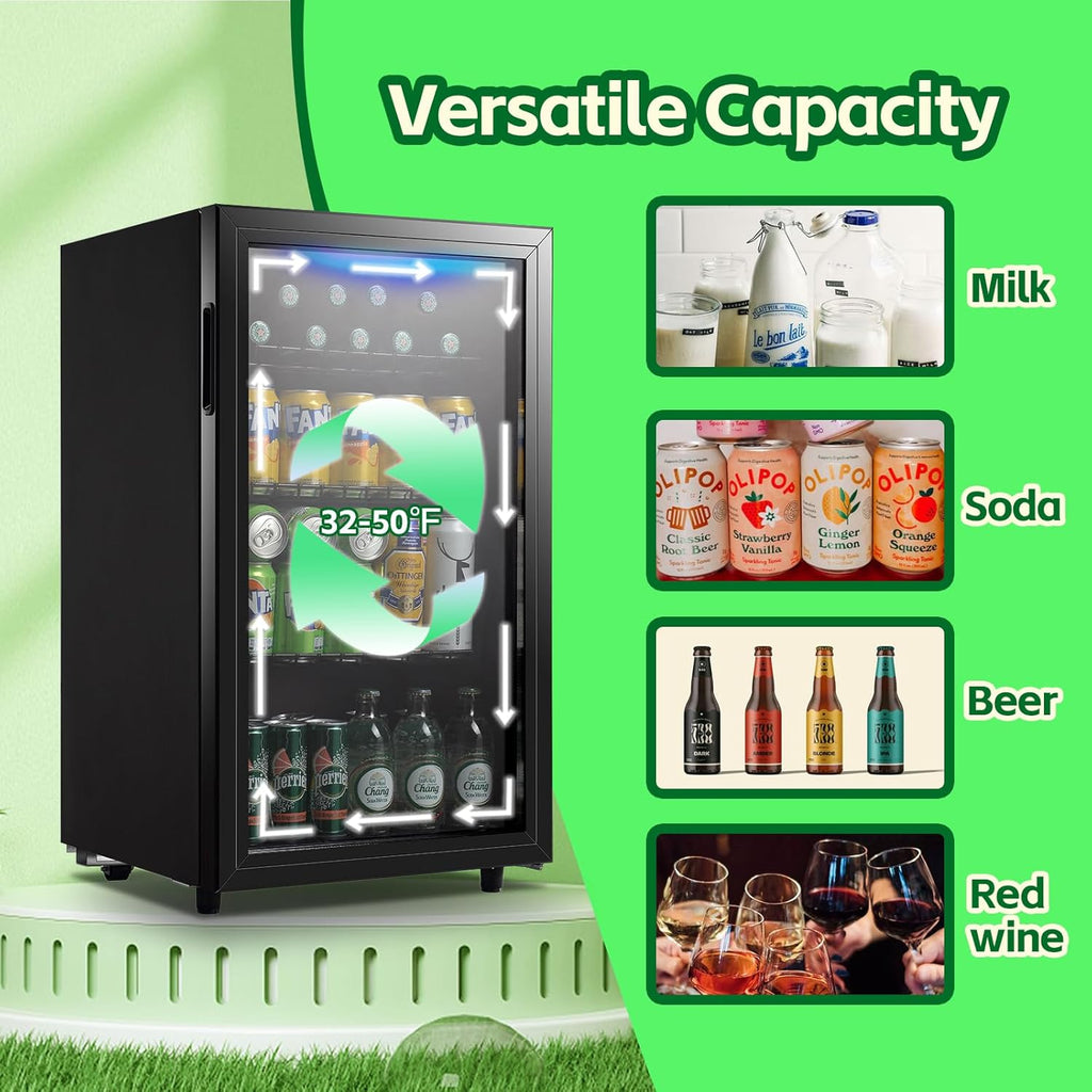 Beverage Refrigerator Cooler 3.5 Cu.Ft, 120 Can Mini Small Fridge with Glass Door LED Light and Adjustable Shelves for Soda Beer or Wine, Perfect for Home Bar Office, Black