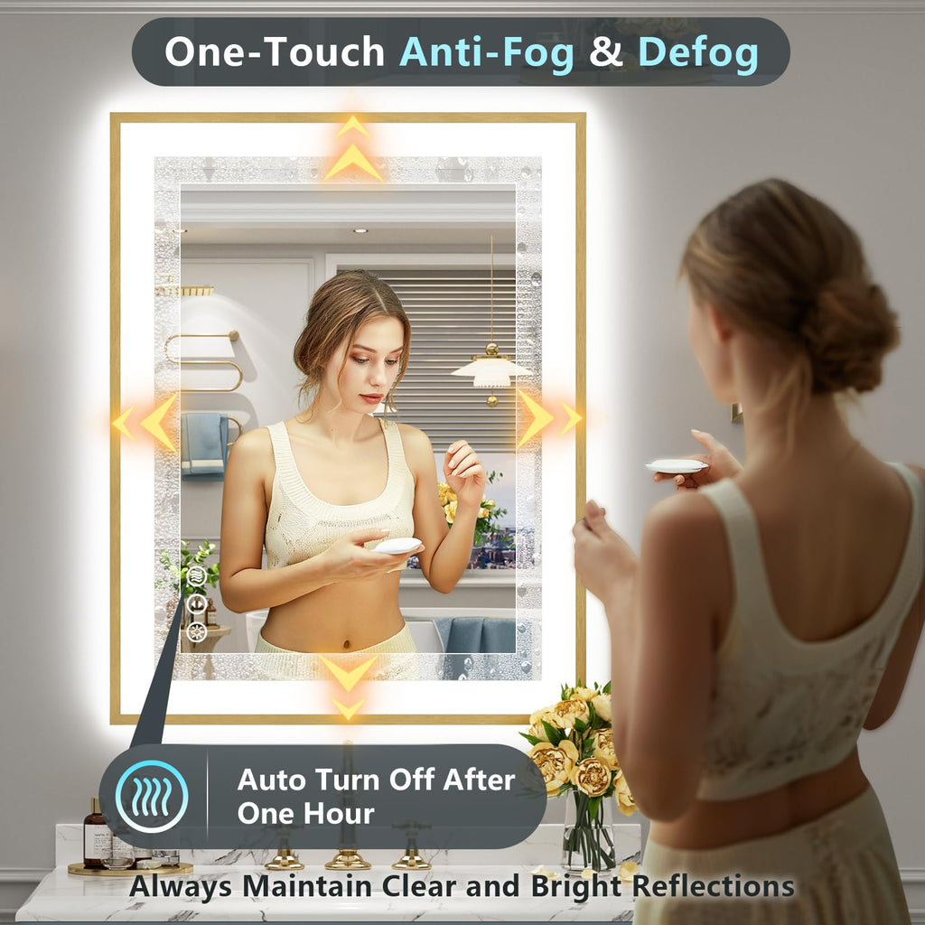 28x32 Gold LED Bathroom Mirror with Lights, Lighted Vanity Mirror