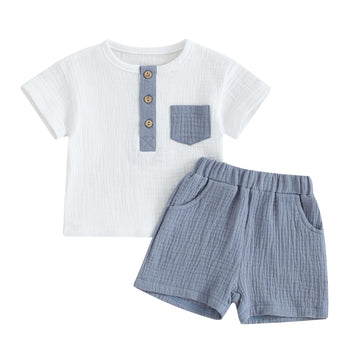 Summer Baby Toddler Boy Clothes Muslin Henley Shirt & Short Sets