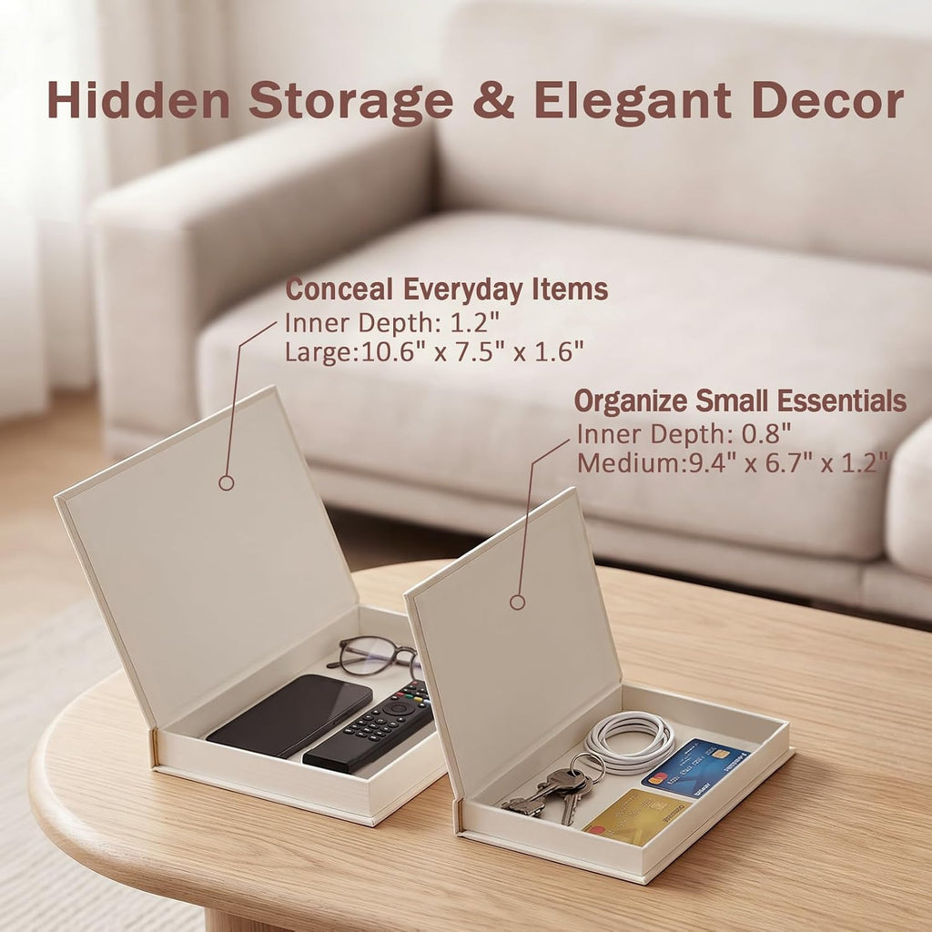 Set of 2 Premium Linen Decorative Books with Hidden Storage - Stackable Faux Book Box for Coffee Table Styling &