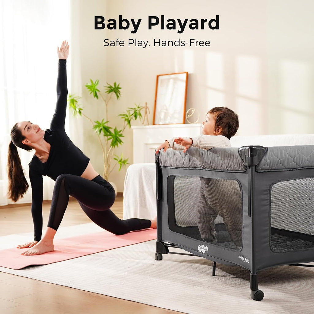 Pack and Play with Bassinet - 7 in 1 One-Step Setup Bedside Crib, Portable Playpen, Travel Crib, Baby Playard with