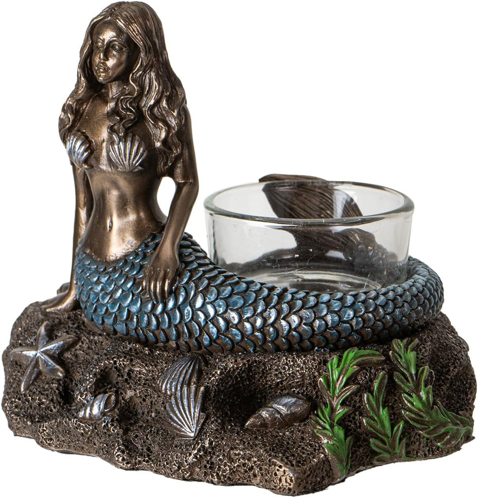 Nautical Mermaid Votive Tealight Candle Holder, Bronze and Blue Decorative Figurine with Glass Cup, Ocean Theme Res