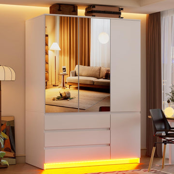 3 Doors Armoire Wardrobe Closet, 72.83" H Bedroom Armoires | Clothing Storage Cabinet with Mirror & Lights, 3