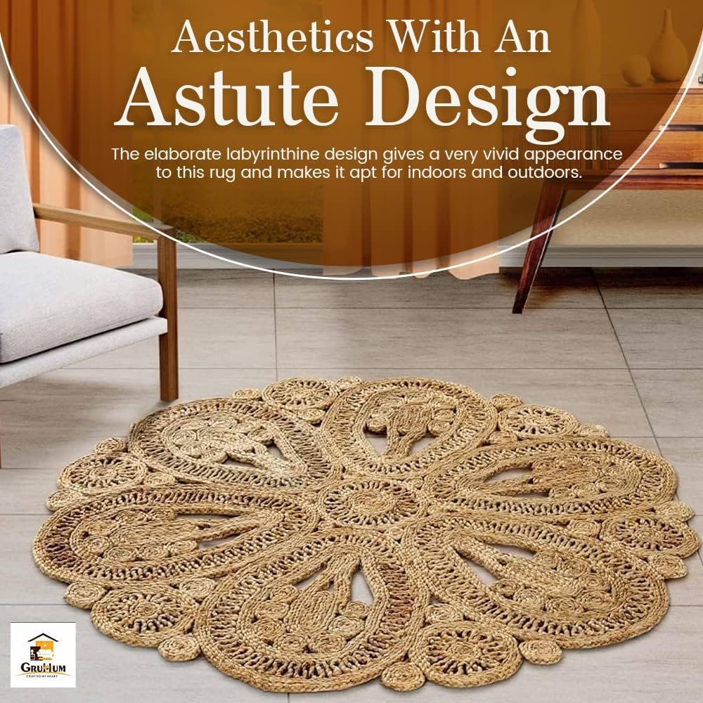 Jute Area Rug 4FT Round Natural Handwoven Rustic Boho Farmhouse Rug 10