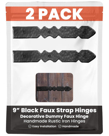 2 Pack 9" Black Faux Strap Hinges - Hand Forged Dummy Faux Hinge - Handmade Rustic Iron Hinges for Farmhouse Shutter