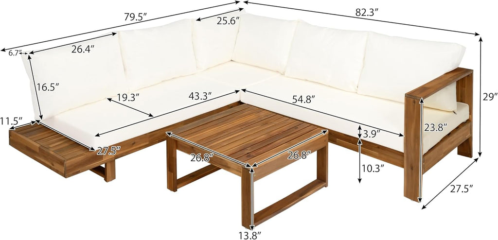 4pc Acacia Wood Outdoor Sectional Sofa Set with Cushions | Slatted Design - Modern Patio, Deck & Garden Seating for