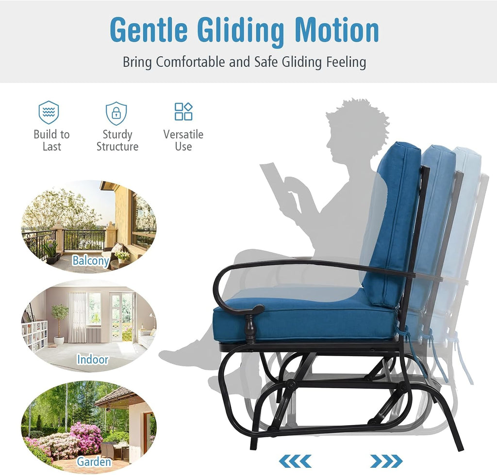 Outdoor Glider Bench, Patio 2 Person Loveseat with Removable Cushion, Thick Padded Seat, Stable Steel Frame, Outside
